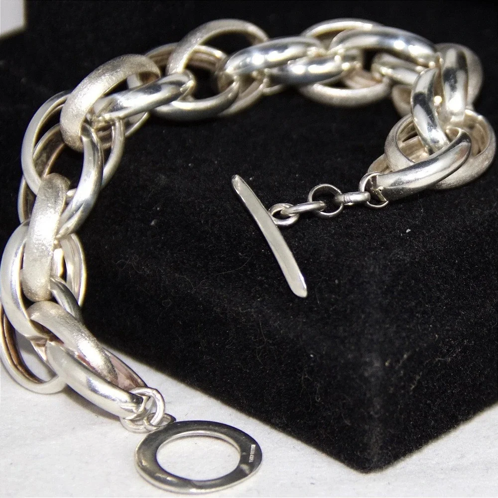 Heavy Italian Sterling Silver 925 Chunky Textured Link Toggle Bracelet